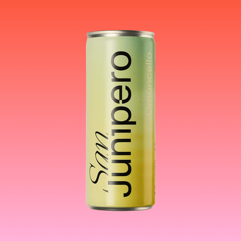 Can of San Junipero Limoncello on a gradient pink to orange background